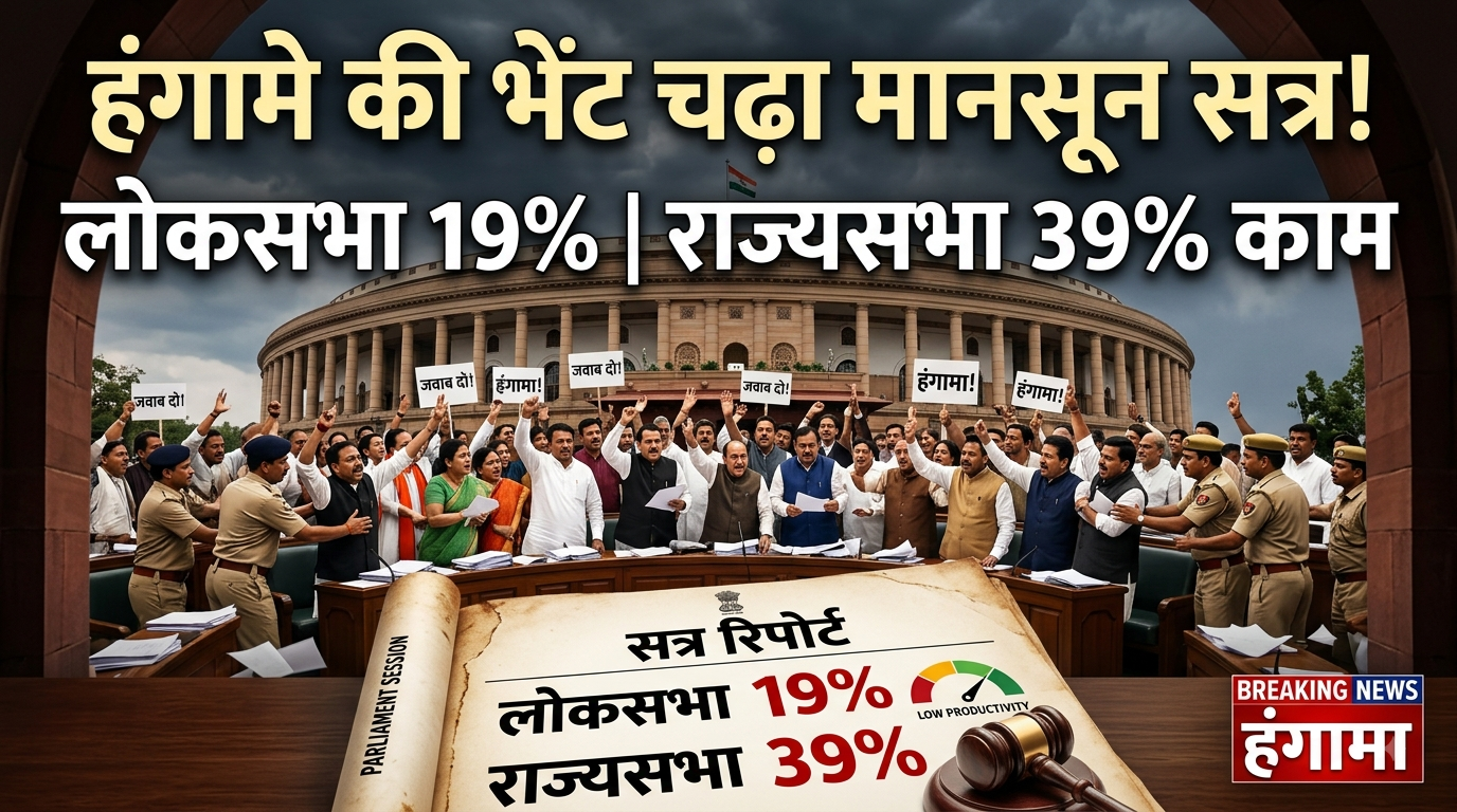 हंगामे की भेंट चढ़ा संसद का मानसून सत्र, लोकसभा में सिर्फ 19% और राज्यसभा में 39% हुआ कामकाज