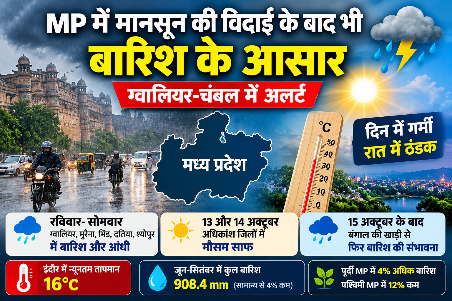 MP Weather: मानसून की विदाई के बाद भी बारिश के आसार, ग्वालियर-चंबल में अलर्ट; इंदौर में 16 डिग्री पहुंचा पारा