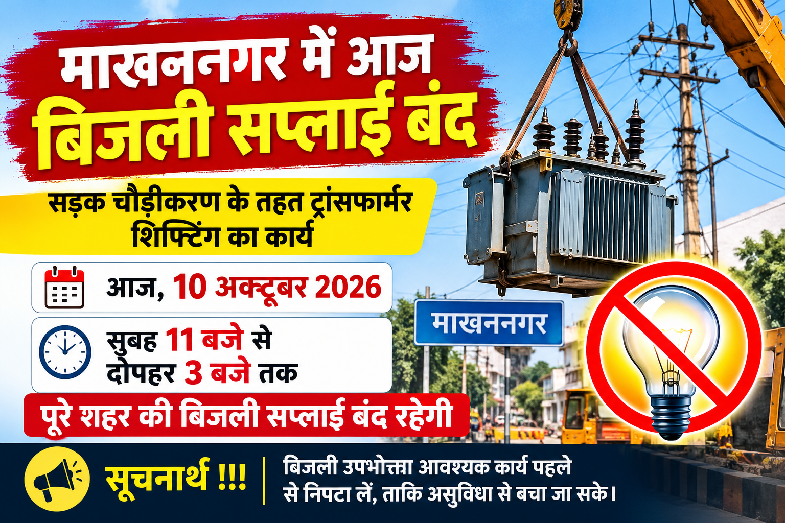 माखननगर में आज 4 घंटे बिजली सप्लाई रहेगी बंद, ट्रांसफार्मर शिफ्टिंग के चलते लिया निर्णय